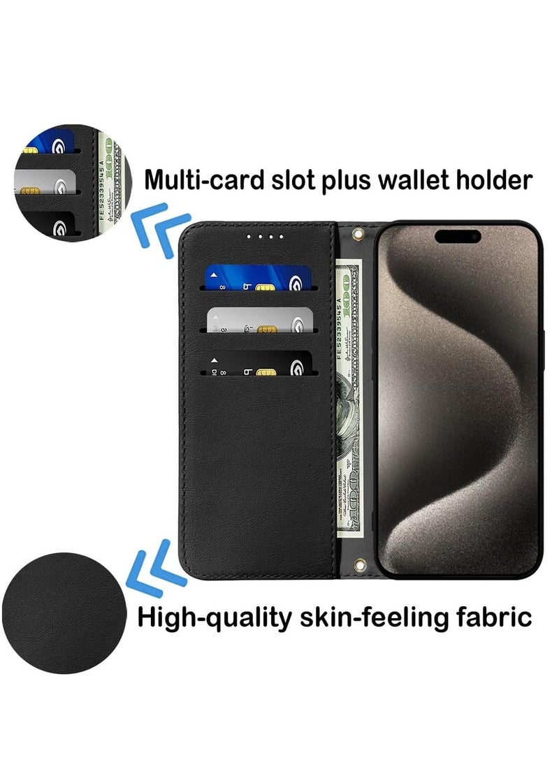حافظة محفظة لهاتف آيفون 15 برو ماكس - جلد فاخر PU - غطاء قابل للطي مع إغلاق مغناطيسي مقاوم للصدمات - تصميم كتاب مع فتحات بطاقات - آيفون 15 برو ماكس (6.7 بوصة) - أسود - Image 3