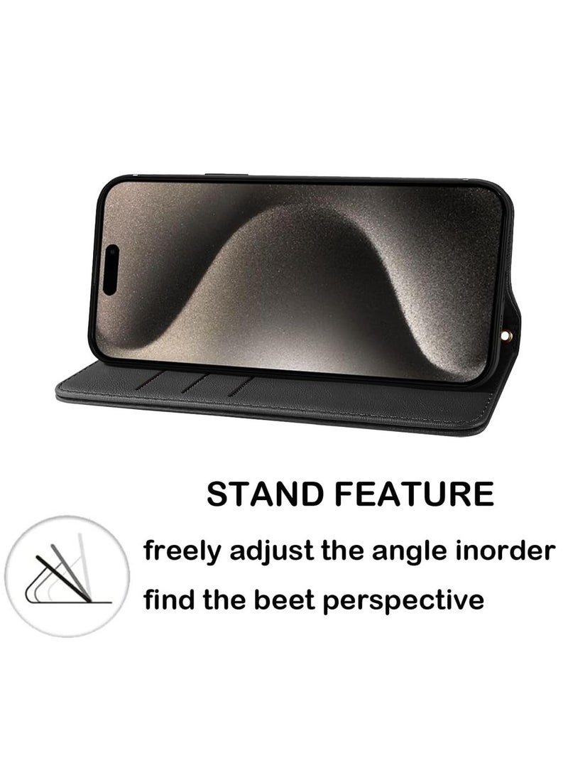 حافظة محفظة لهاتف آيفون 15 برو ماكس - جلد فاخر PU - غطاء قابل للطي مع إغلاق مغناطيسي مقاوم للصدمات - تصميم كتاب مع فتحات بطاقات - آيفون 15 برو ماكس (6.7 بوصة) - أسود - Image 4