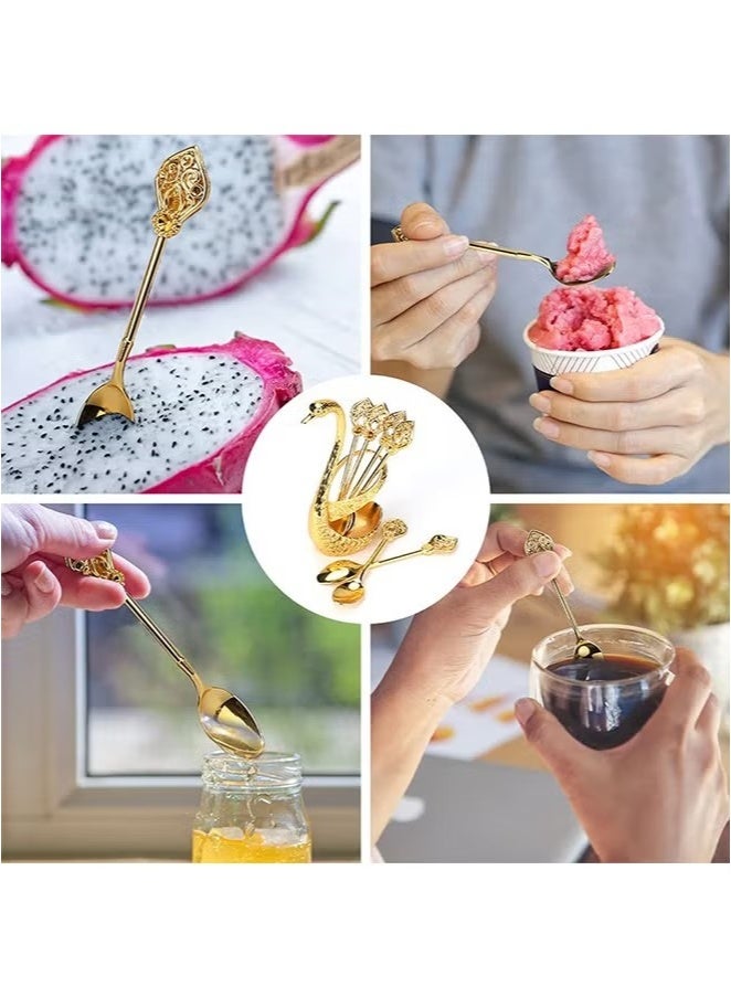 OMEVE Coffee Spoon Set with Swan Base Holder,6Pcs Dessert Spoons with Organizer,Dessert Flatware Set,Small Delicate Spoons for Coffee,Dessert,Ice Cream,Gold - Image 3