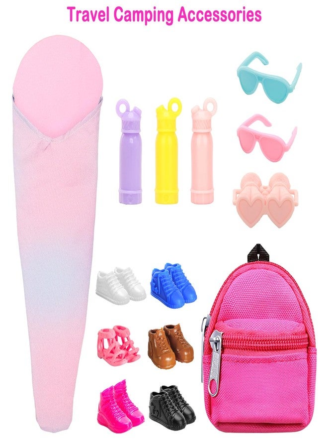 BARWA 26 Pcs Doll Travel Camping Set Includes 7 Sets Doll Clothes, Sleeping Bag, Backpack, Sport Bottles, Telescope,Glasses, Shoes Camping Accessories for 11.5 Inch Dolls - Image 5