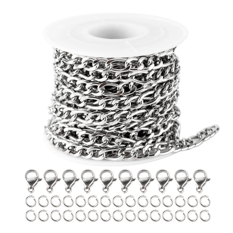 YOUBEIYEE Figaro Chain Link 164 Feet 304 Stainless Steel Bracelet Necklace Chain Spool in Bulk for Men Women Jewelry Making