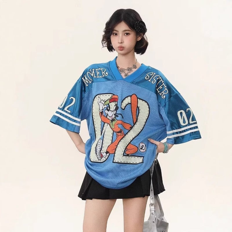 American Retro Sweet Sporty Women's V-Neck Mesh Short Sleeve T-Shirt Loose Casual Cartoon Print Summer - Image 3