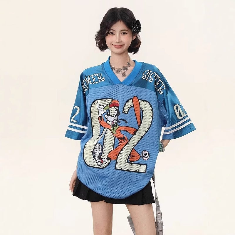 American Retro Sweet Sporty Women's V-Neck Mesh Short Sleeve T-Shirt Loose Casual Cartoon Print Summer - Image 2