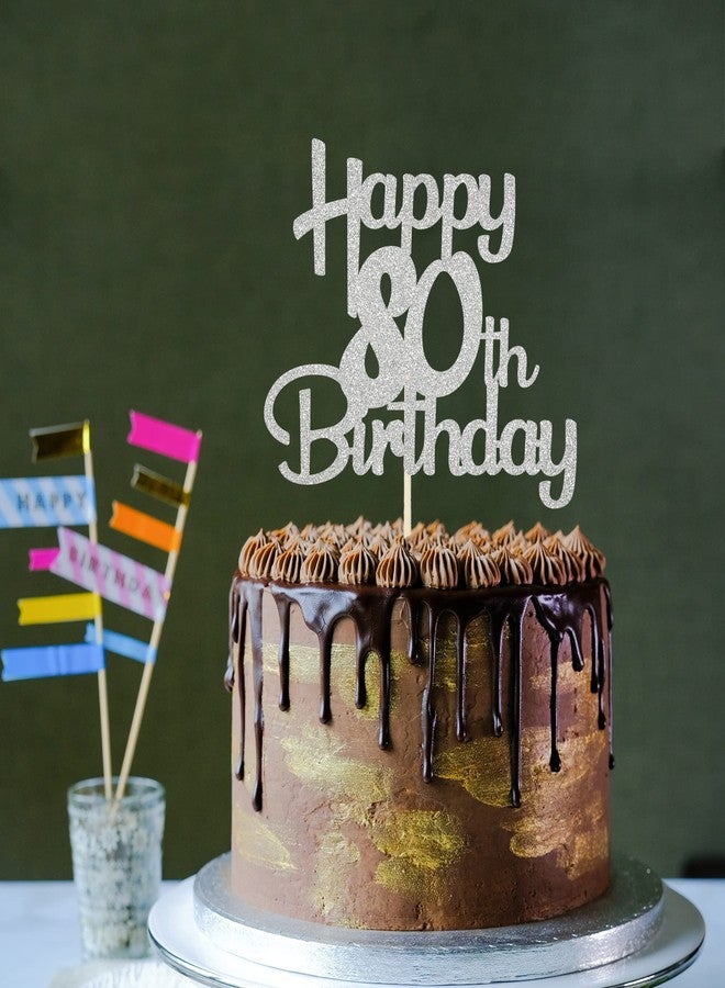 Sotpot Happy 80th Birthday Cake Topper Silver Glitter 80th Cake Toppers 80 Birthday Cake Decorations Cheers to 80 Fabulous Party Cake Picks - 1 Pack - Image 4