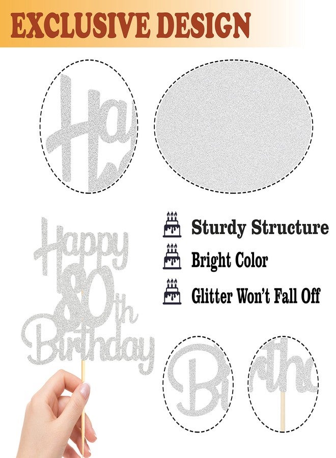Sotpot Happy 80th Birthday Cake Topper Silver Glitter 80th Cake Toppers 80 Birthday Cake Decorations Cheers to 80 Fabulous Party Cake Picks - 1 Pack - Image 3