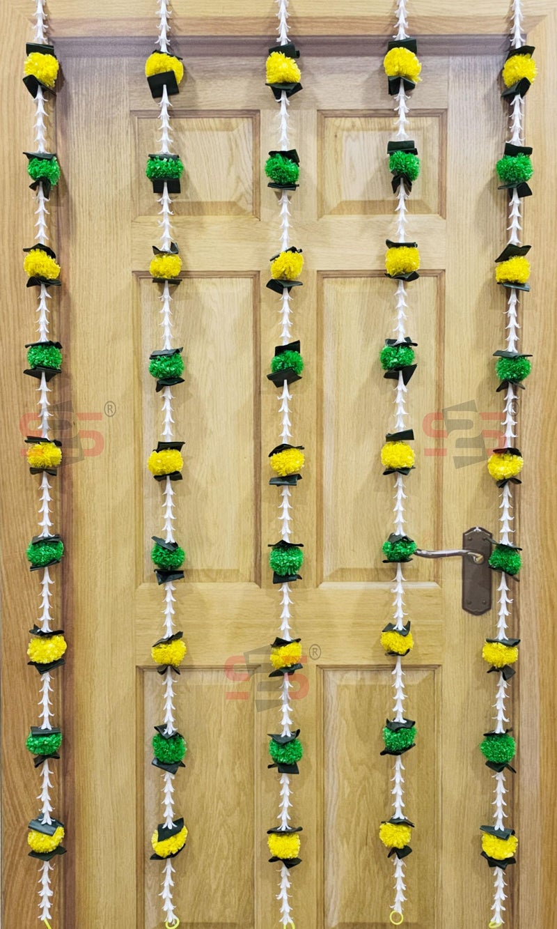 S2S Artificial Rajnigandha Marigold Ladi Strings for Decoration of Home, Balcony, Walls, Hall, Ganpati Backdrop | Pack of 5 | (Green Yellow Flower) (Height - 60 Inch) - Image 1
