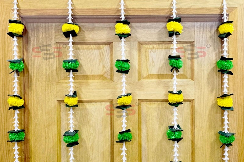 S2S Artificial Rajnigandha Marigold Ladi Strings for Decoration of Home, Balcony, Walls, Hall, Ganpati Backdrop | Pack of 5 | (Green Yellow Flower) (Height - 60 Inch) - Image 5