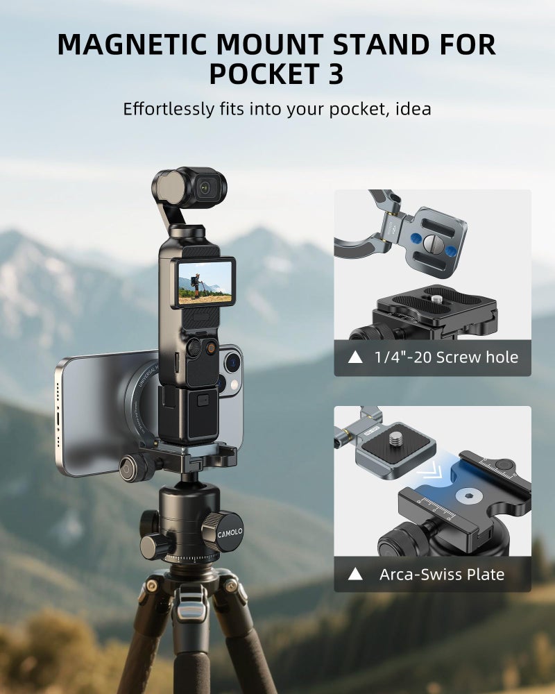 CAMOLO GEEK Magnetic Mount Stand Compatible with DJI Osmo Pocket 3, MG-OP3 Pocket3 Adapter Magnet Expansion Phone Holder with 1/4”-20, Arca-Swiss Aluminum Alloy Bracket - Image 4