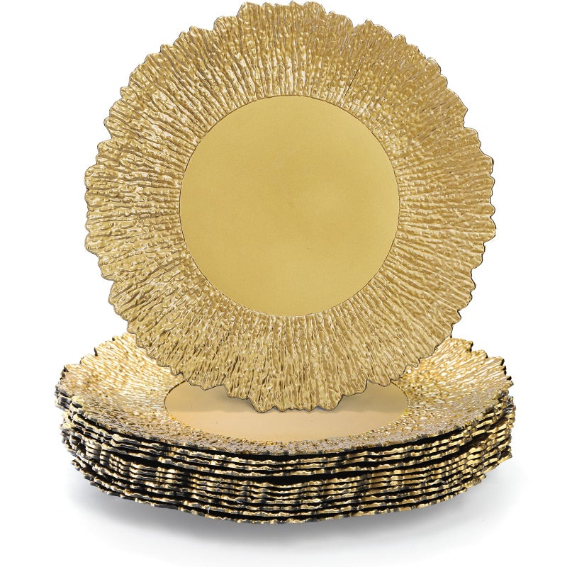 Coloch Set of 12 Gold Charger Plates, 13" Plastic Reef Serving Chargers for Dinner Plate Reusable Round Shiny Decorative Charger Plate for Wedding, Catering, Parties, Christmas, Home Dinner Use - Image 1