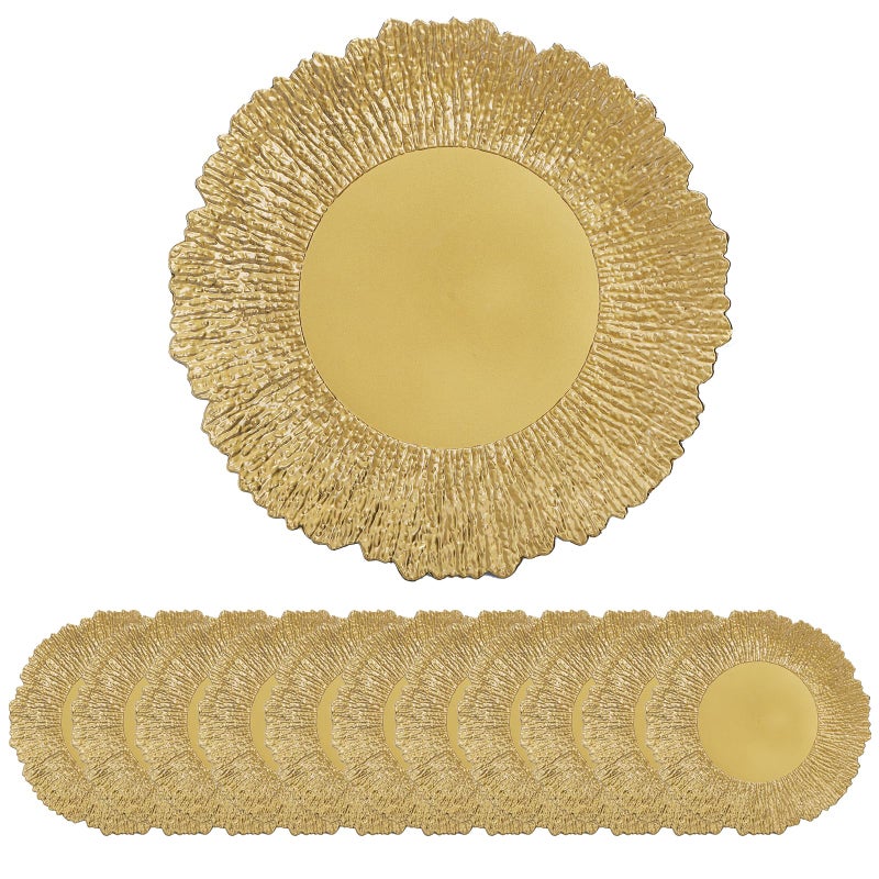 Coloch Set of 12 Gold Charger Plates, 13" Plastic Reef Serving Chargers for Dinner Plate Reusable Round Shiny Decorative Charger Plate for Wedding, Catering, Parties, Christmas, Home Dinner Use - Image 4