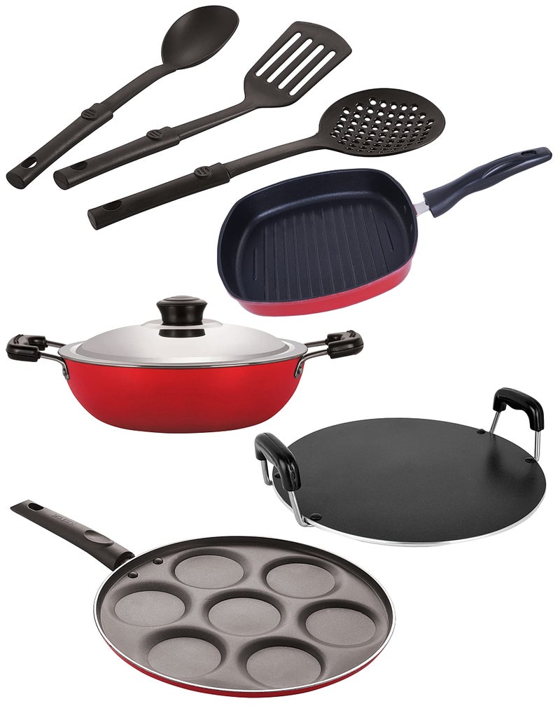 Nirlon Nonstick Coated Aluminium 7 Pcs Set of Deep Kadhai-22cm,Grill Pan-24.5cm,Round Tawa-28.5cm,Uttapam-7 Cavity & 3 Spoon (2.6mm_DKD(M)_GP(24)_RT_UP7_3SPN) - Image 1