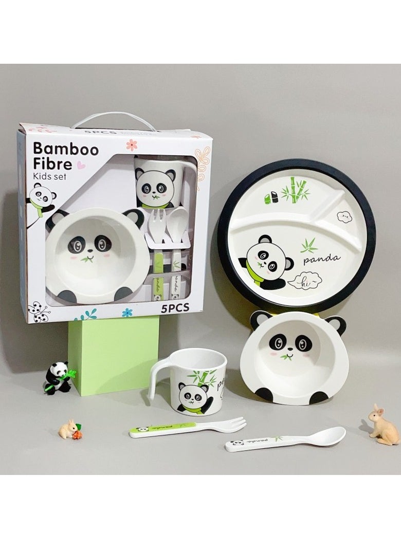 Arabest Kids Feeding Set 5 Pcs, Tableware Set for Toddlers Includes Plate Bowl Cup Fork and Spoon Utensil Flatware, Kids Flatware Set Dishwasher Safe, BPA Free (Panda)  - Image 1
