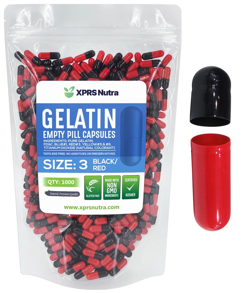 XPRS Nutra كبسولات XPRS Nutra فارغة حجم 3 عدد 1000 كبسولات جيلاتينية فارغة حبوب DIY ملء الكبسولات كبسولات جيلاتينية نقية من بقر لملحقاتك الغذائية والفيتامينات أسود أحمر