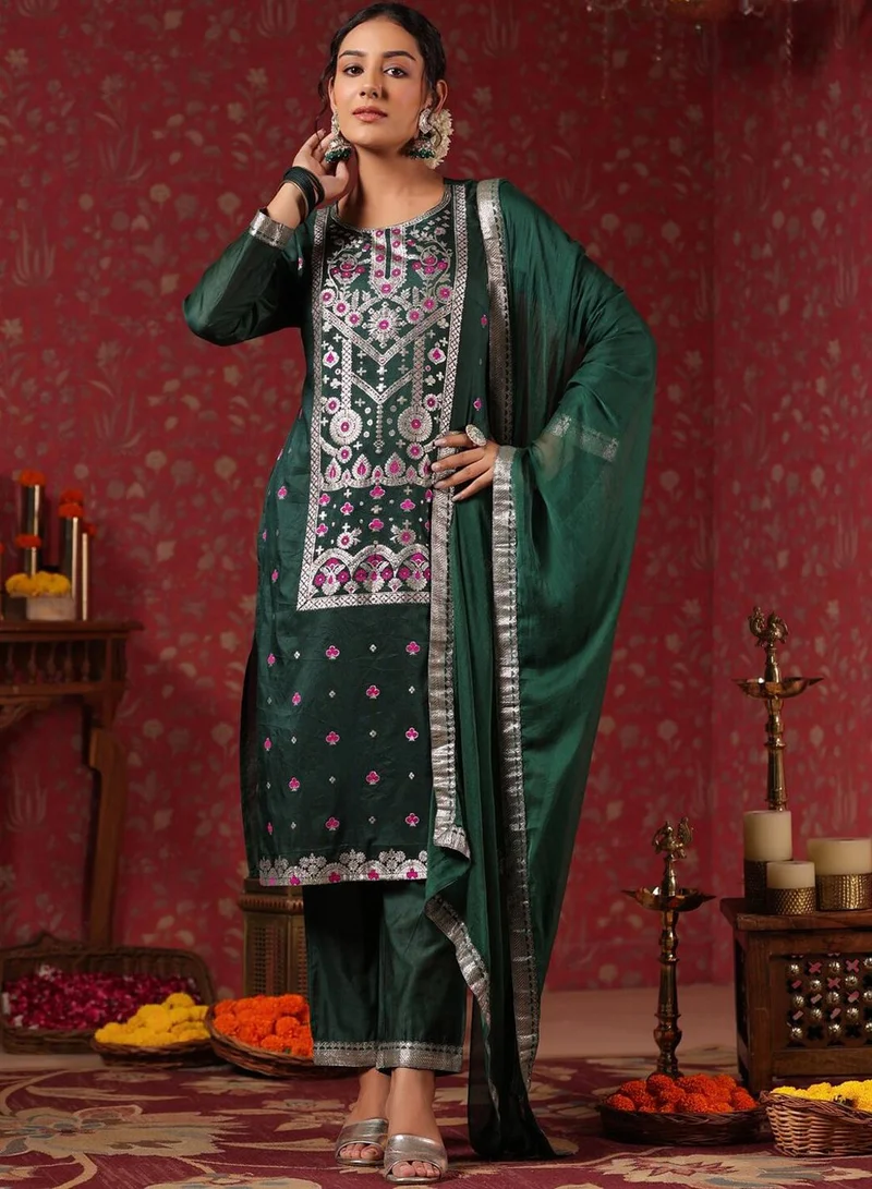 ISHIN Women's Green Polyester Blend Embellished Tunic Full Length Casual Straight Fit Kurta Set