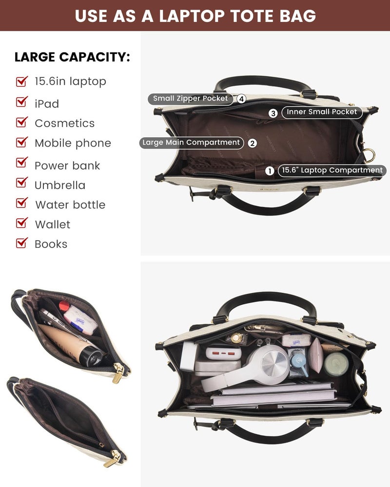 LOVEVOOK Lunch Tote Bag for Women, 15.6 Inch Laptop Bag with Insulated Lunch Compartment, Quilted Large Capacity Computer Handbag with Purse for Business, Work, Collage, Office, Casual, Beige-brown - Image 4