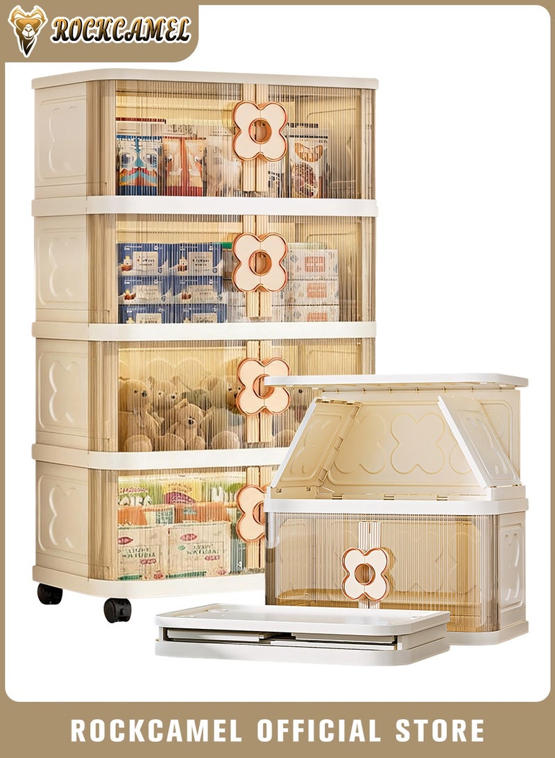ROCKCAMEL خزانة تخزين متعددة الوظائف قابلة للطي، ذات صناديق بلاستيكية قابلة للتراص بأربع طبقات، مجهزة بعجلات متعددة الاتجاهات وأبواب شفافة، تُستخدم لتخزين الألعاب أو كخزانة للوجبات الخفيفة أو رف للكتب، مناسبة للمكتب المنزلي (60×36×118 سم). - Image 1