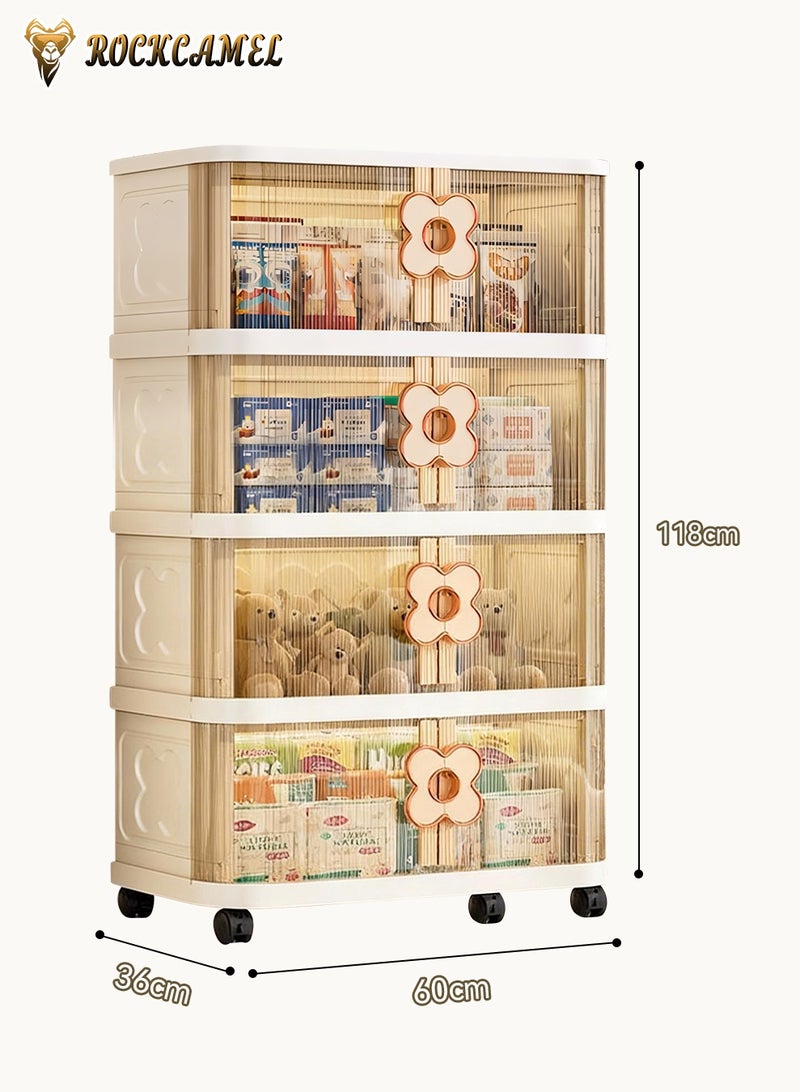 ROCKCAMEL خزانة تخزين متعددة الوظائف قابلة للطي، ذات صناديق بلاستيكية قابلة للتراص بأربع طبقات، مجهزة بعجلات متعددة الاتجاهات وأبواب شفافة، تُستخدم لتخزين الألعاب أو كخزانة للوجبات الخفيفة أو رف للكتب، مناسبة للمكتب المنزلي (60×36×118 سم). - Image 2