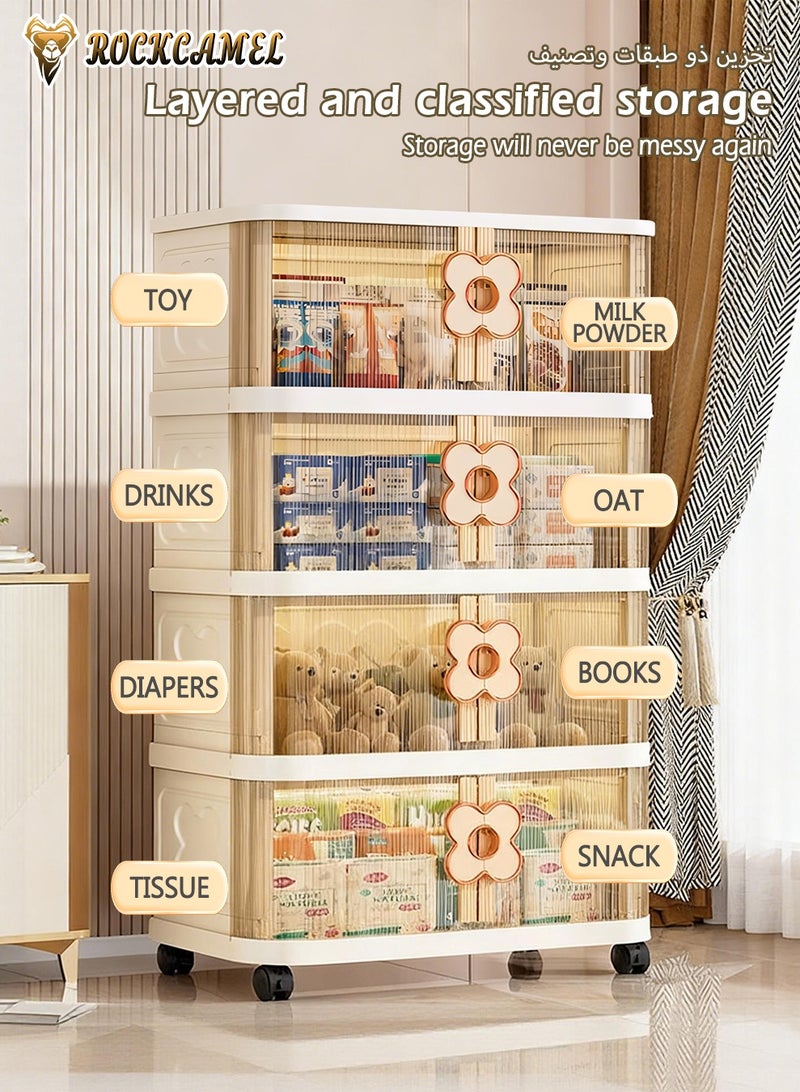 ROCKCAMEL خزانة تخزين متعددة الوظائف قابلة للطي، ذات صناديق بلاستيكية قابلة للتراص بأربع طبقات، مجهزة بعجلات متعددة الاتجاهات وأبواب شفافة، تُستخدم لتخزين الألعاب أو كخزانة للوجبات الخفيفة أو رف للكتب، مناسبة للمكتب المنزلي (60×36×118 سم). - Image 4