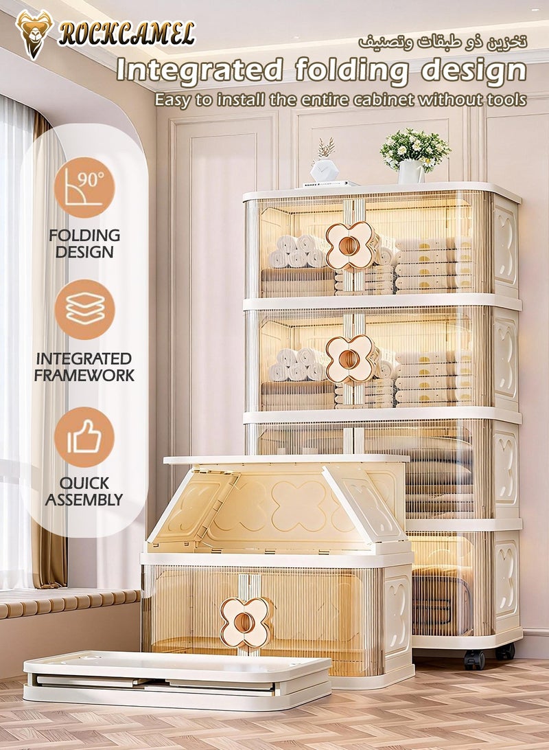 ROCKCAMEL خزانة تخزين متعددة الوظائف قابلة للطي، ذات صناديق بلاستيكية قابلة للتراص بأربع طبقات، مجهزة بعجلات متعددة الاتجاهات وأبواب شفافة، تُستخدم لتخزين الألعاب أو كخزانة للوجبات الخفيفة أو رف للكتب، مناسبة للمكتب المنزلي (60×36×118 سم). - Image 5