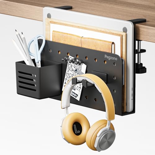 PEGZONE Desk Side Storage Organizer, No Drill Under Desk Laptop Holder, Clamp on Desks Shelf with Pegboard Accessories, Hanging Laptop Mount, Fits Flat Edge 0.4" to 2.2", Black - Image 1