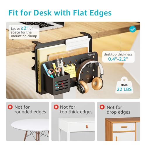 PEGZONE Desk Side Storage Organizer, No Drill Under Desk Laptop Holder, Clamp on Desks Shelf with Pegboard Accessories, Hanging Laptop Mount, Fits Flat Edge 0.4" to 2.2", Black - Image 3