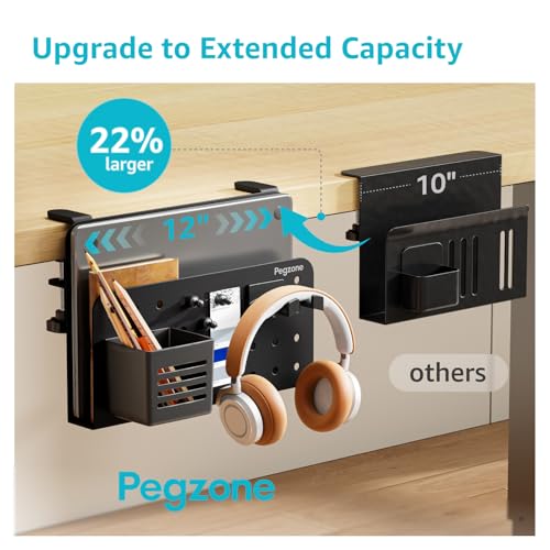 PEGZONE Desk Side Storage Organizer, No Drill Under Desk Laptop Holder, Clamp on Desks Shelf with Pegboard Accessories, Hanging Laptop Mount, Fits Flat Edge 0.4" to 2.2", Black - Image 2