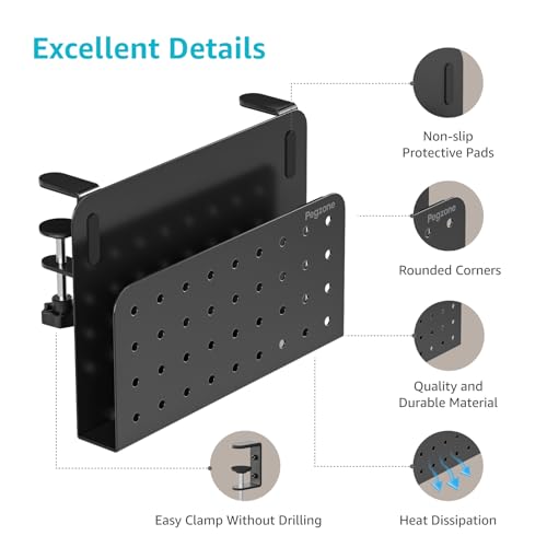 PEGZONE Desk Side Storage Organizer, No Drill Under Desk Laptop Holder, Clamp on Desks Shelf with Pegboard Accessories, Hanging Laptop Mount, Fits Flat Edge 0.4" to 2.2", Black - Image 4