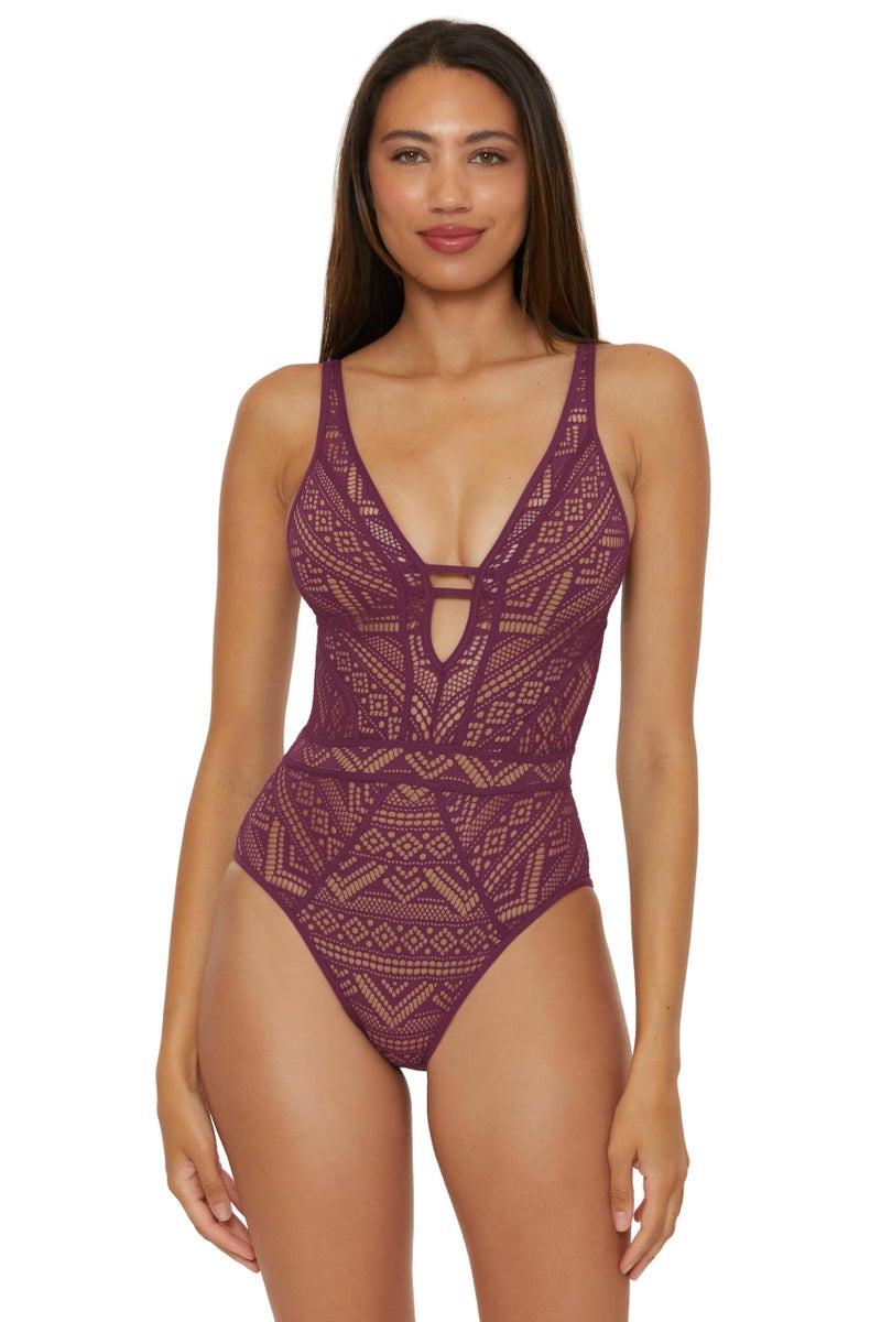 BECCA Color Play - Women's One Piece Swimsuit, Plunge Neck, Crochet, Bathing Suits for Women, Aubergine, Large - Image 1