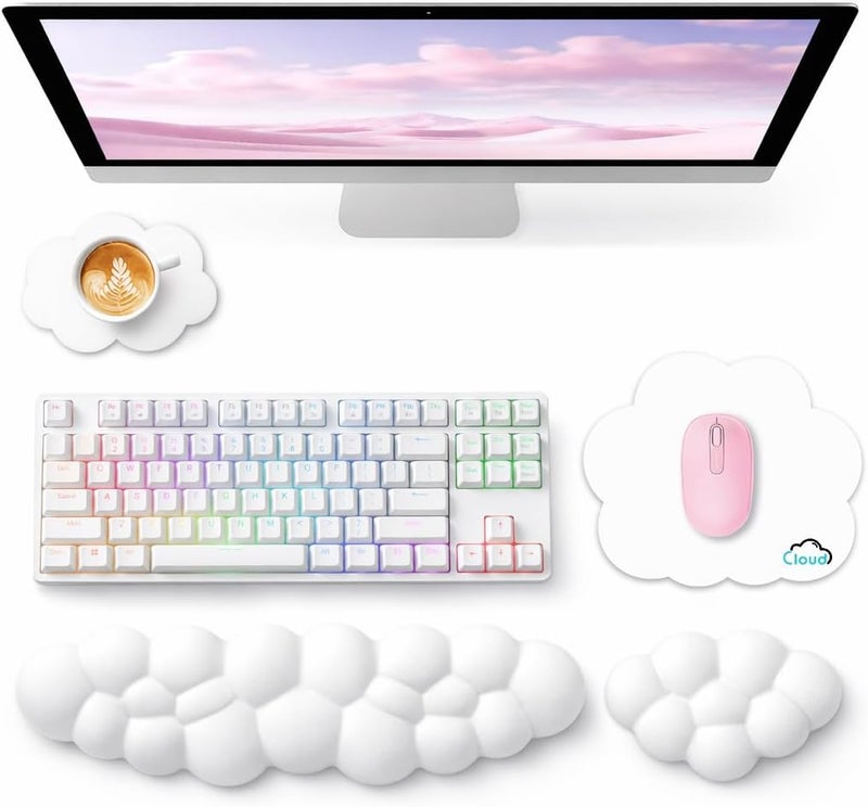 Sushret Cloud Wrist Rest for Computer Keyboard, 4-in-1 Memory Foam Leather Cloud Keyboard Wrist Rest and Mouse Pad Set with Ergonomic Support for Arm and Palm Cushion, Gaming/Work Setup, White - Image 1