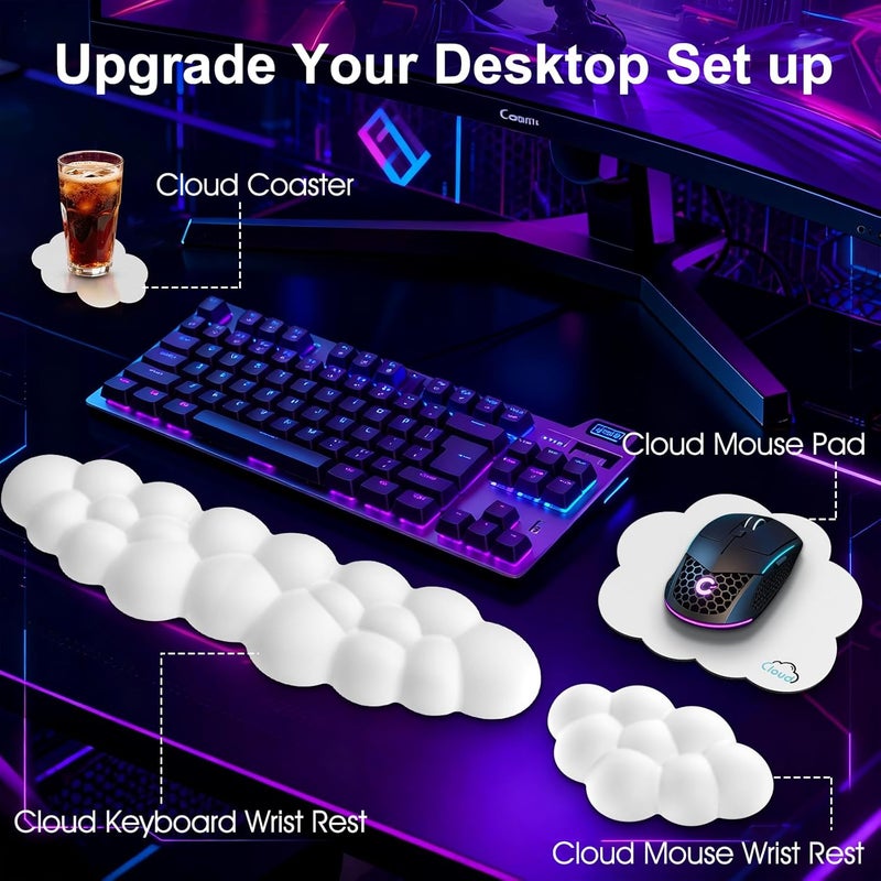 Sushret Cloud Wrist Rest for Computer Keyboard, 4-in-1 Memory Foam Leather Cloud Keyboard Wrist Rest and Mouse Pad Set with Ergonomic Support for Arm and Palm Cushion, Gaming/Work Setup, White - Image 2