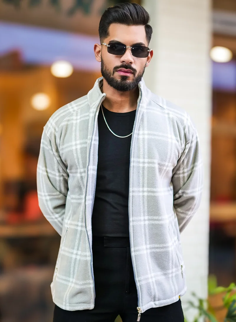 Maniac Maniac Mens Chcekered Full Zipper Grey Fullsleeve Polyester Blend Fleece Shacket