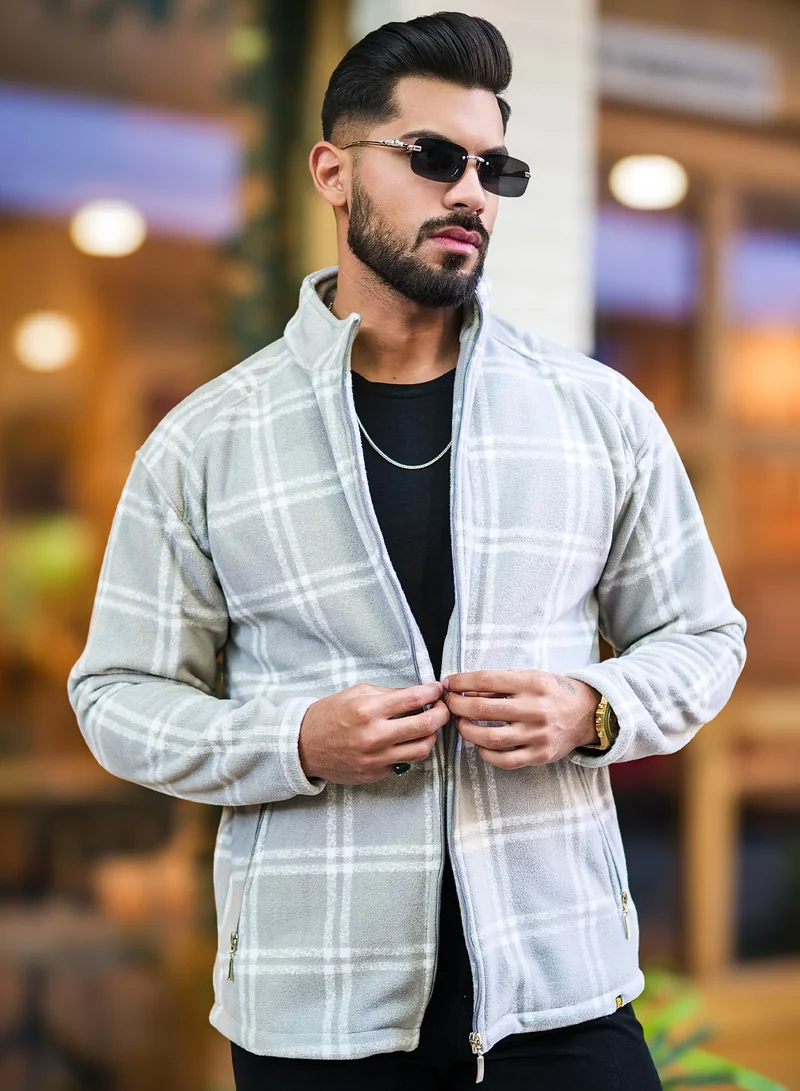 Maniac Maniac Mens Chcekered Full Zipper Grey Fullsleeve Polyester Blend Fleece Shacket