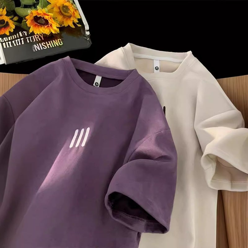 Suede 2024 American Style Heavy T-Shirt Men'S Fashion Brand Summer High Street Oversize Half Sleeve Vintage Embroidered Short Sleeve - Image 1