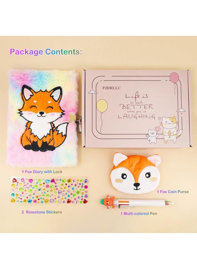 PJDRLLC Fox Diary with Lock, Gift for 8 9 10 Year Old Girl, Secret Diary Journal Notebook with Coin Purse, Multicolored Pen, Stickers, Practical Gift for Birthday Christmas - Image 3