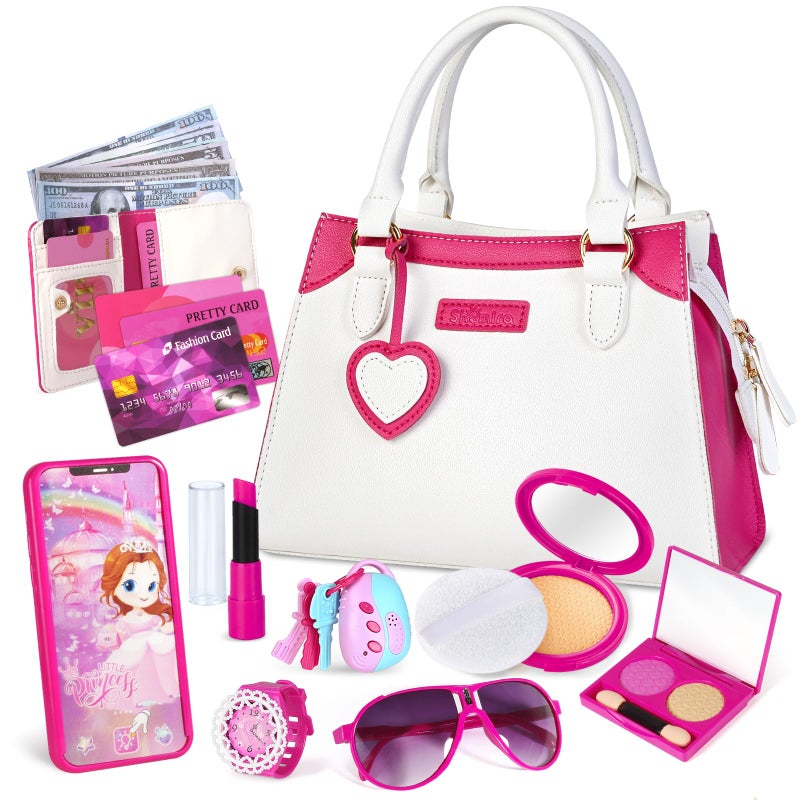 Shemira Play Purse for Little Girls Princess Pretend Toys for Kids 3 4 5 6 7 8 Years Old Christmas Birthday Gift for Girls Age 35 46 68 Toddler Purse with Accessories Kids Toy Purse White - Image 3