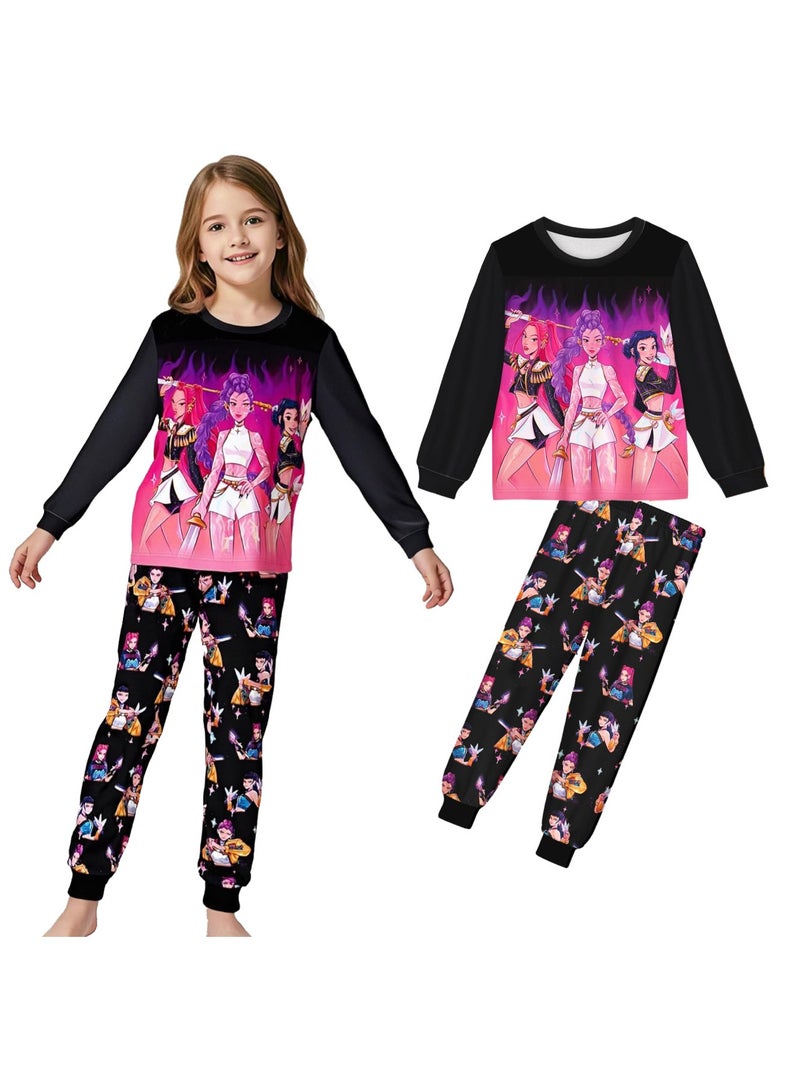 عام طقم بيجاما مطبوع عليه فتيات فرقة كيه-بوب يصطدمن الشياطين، بأكمام طويلة، ملابس نوم ومنزلية. - Image 2