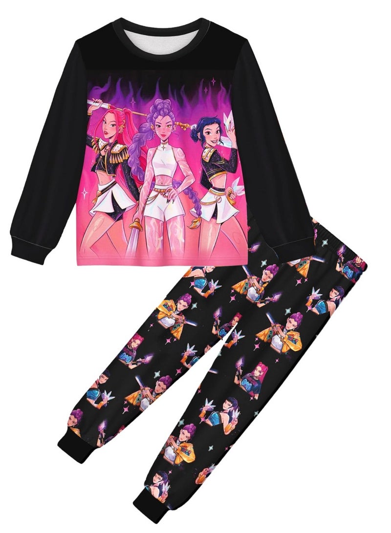 عام طقم بيجاما مطبوع عليه فتيات فرقة كيه-بوب يصطدمن الشياطين، بأكمام طويلة، ملابس نوم ومنزلية. - Image 1