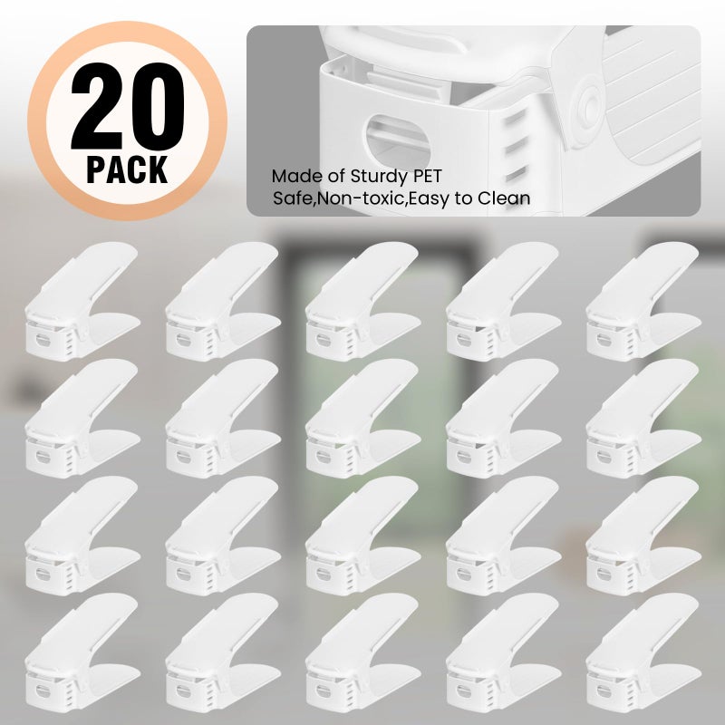 TOPNEW 20 Pack Shoe Slots Organizer Shoe Stacker for a Pair of Shoes 4 Levels Adjustable 50% Shoe Space Saver Double Layer Shoe Rack Organizer for Closet (White) - Image 3