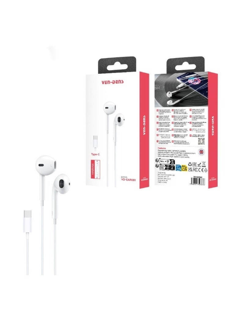 سماعات أذن VD-EAR001 من نوع USB Type-C للهواتف الذكية، للاستماع إلى الموسيقى وإجراء المكالمات بدون استخدام اليدين - Image 1