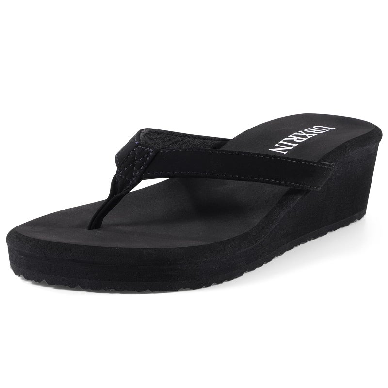 UBXRIN Women's Wedge Flip Flops Comfortable Platform Thong Sandals,Beach Pool Casual Summer Slip-On Shoes 2 inch Black US8 - Image 1