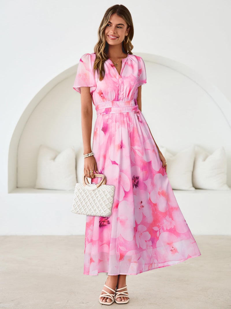 Simplee Women Floral Summer Maxi Dress Boho Flowy Casual Chiffon Short Sleeves V Neck Long Wedding Guest Dresses Pink White Floral L - Image 3