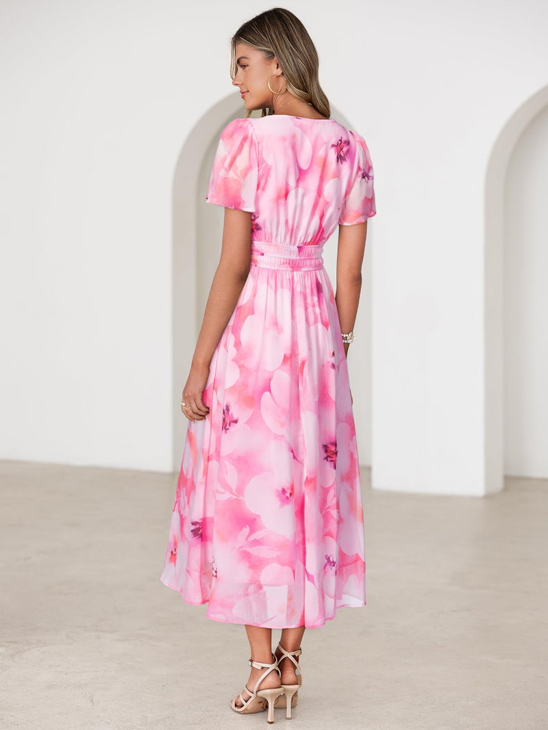 Simplee Women Floral Summer Maxi Dress Boho Flowy Casual Chiffon Short Sleeves V Neck Long Wedding Guest Dresses Pink White Floral L - Image 4