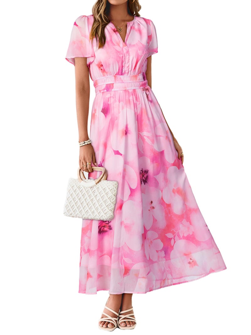 Simplee Women Floral Summer Maxi Dress Boho Flowy Casual Chiffon Short Sleeves V Neck Long Wedding Guest Dresses Pink White Floral L - Image 1