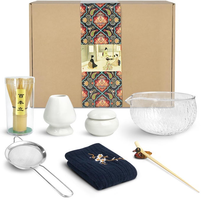 9PIECE JAPANESE TEA SET MATCHA BOWL WHISK SCOOP HOLDER POWDER CADDY HANDMADE CEREMONY KIT FOR JAPANESE TEA CEREMONY WHITE