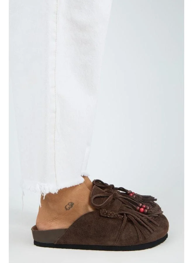 Manijero  Malinda Women's Genuine Leather Fringe Beaded Detailed Sabo Coffee Slipper. for Women | Best Price UAE