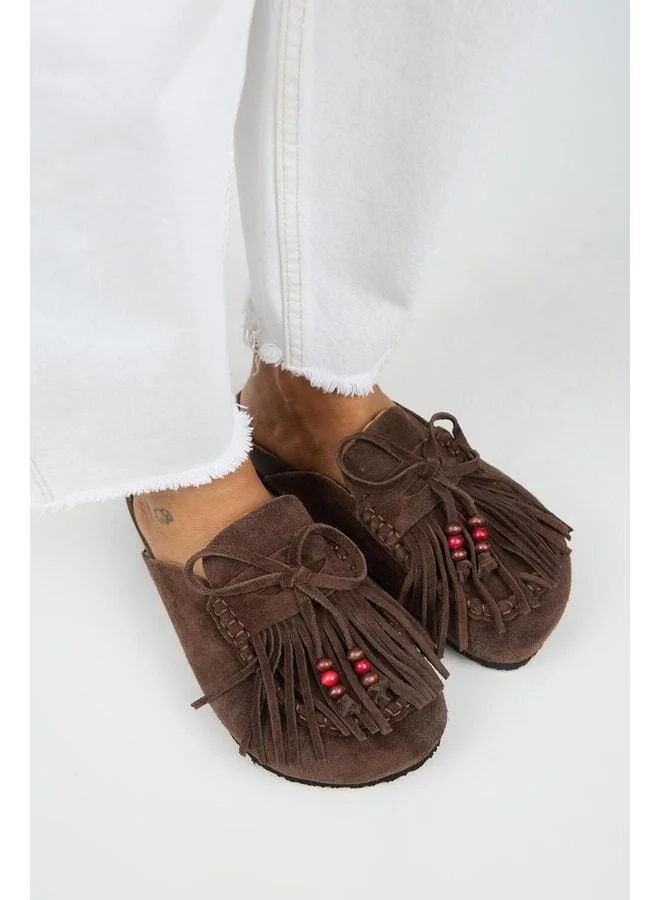 Malinda Women's Genuine Leather Fringe Beaded Detailed Sabo Coffee Slipper.