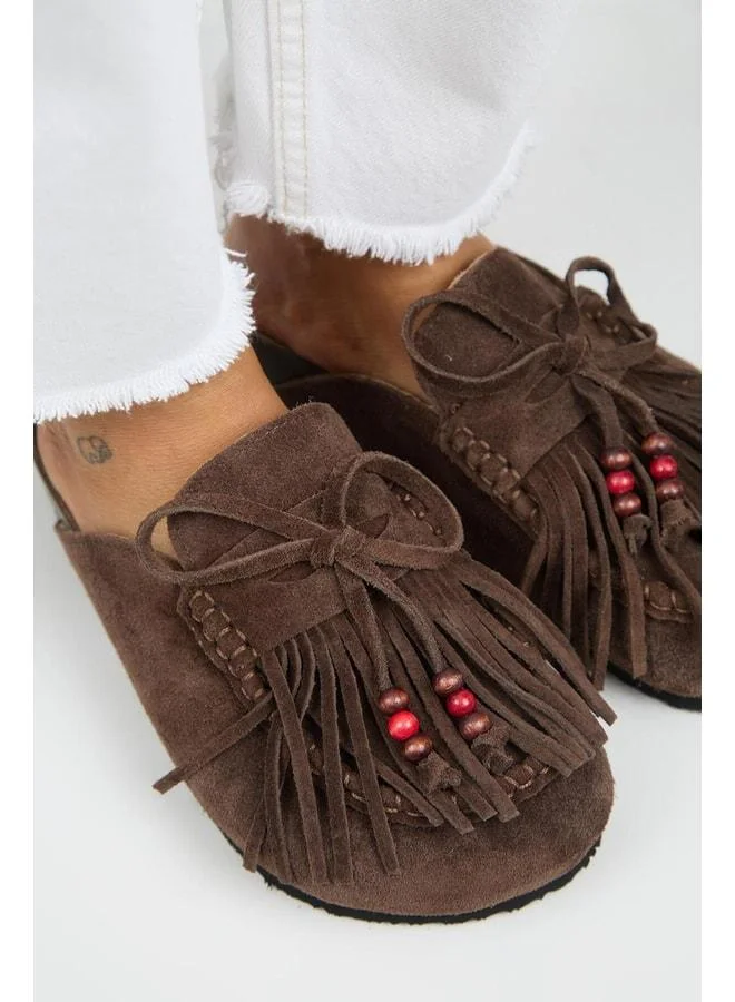 Manijero  Malinda Women's Genuine Leather Fringe Beaded Detailed Sabo Coffee Slipper. for Women | Best Price UAE