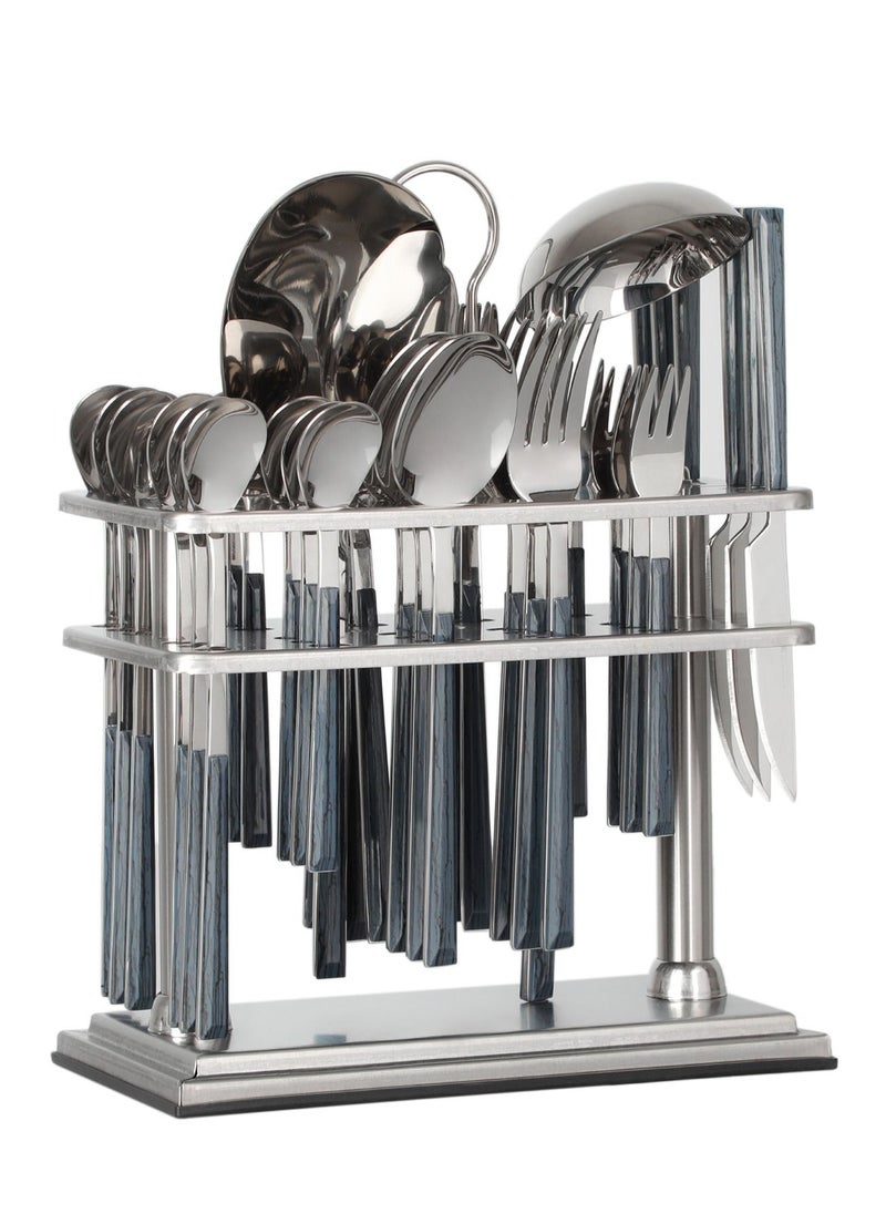 Life Smile Cutlery Set 38 Piece 18/10 Stainless Steel Flatware Set with Stand Tea & Ice Spoon Dinner & Cake Fork Fruit Knife Soup ladle Rice Server  Mirror Polished -  Service for 6 Pers  - Image 1