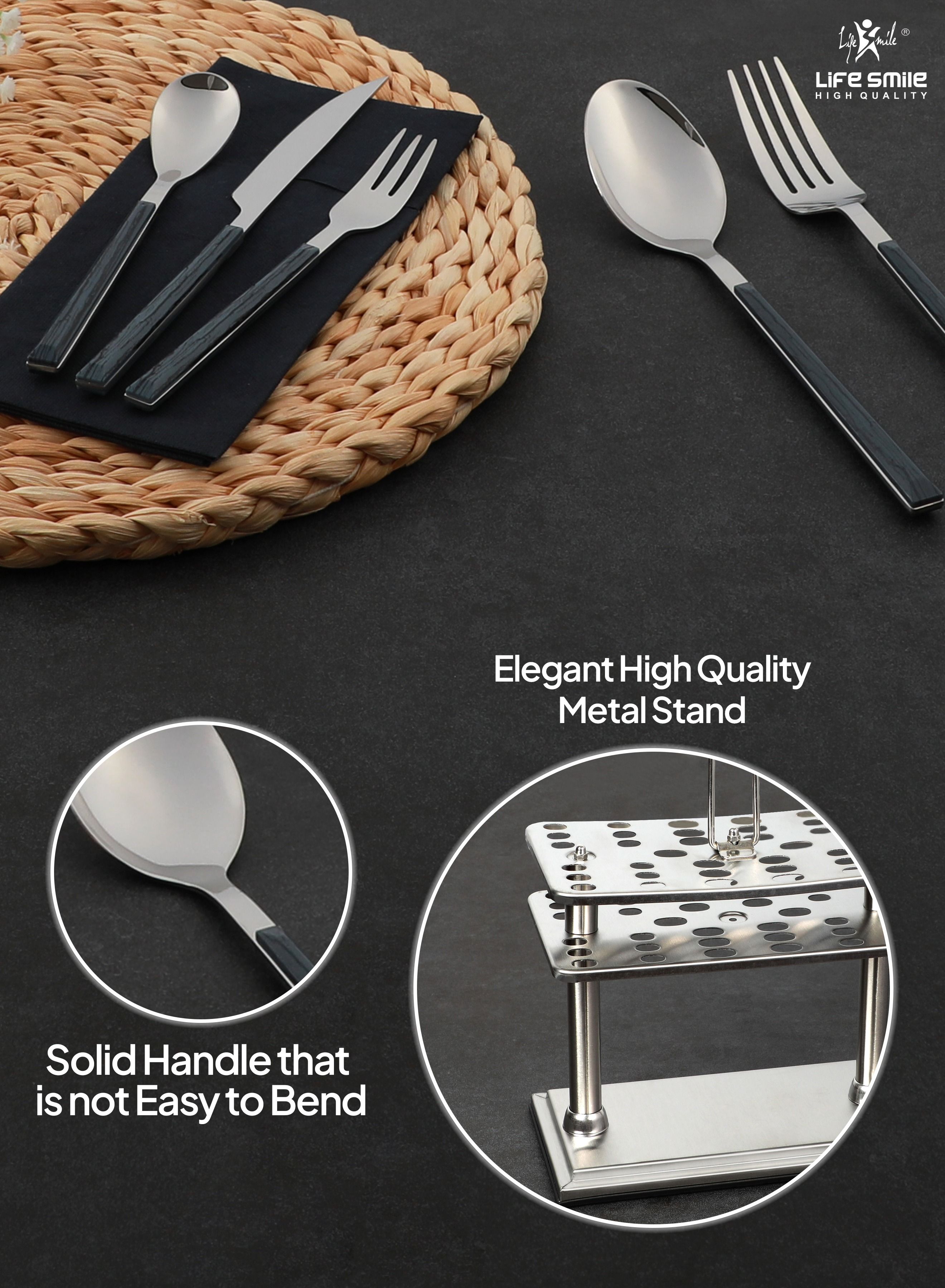 Cutlery Set 38 Piece 18/10 Stainless Steel Flatware Set with Stand Tea & Ice Spoon Dinner & Cake Fork Fruit Knife Soup ladle Rice Server  Mirror Polished -  Service for 6 Pers 