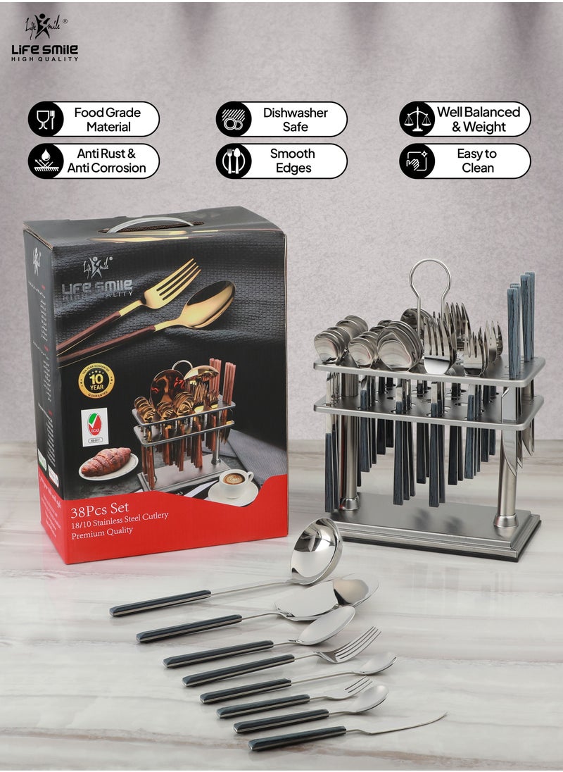 Life Smile Cutlery Set 38 Piece 18/10 Stainless Steel Flatware Set with Stand Tea & Ice Spoon Dinner & Cake Fork Fruit Knife Soup ladle Rice Server  Mirror Polished -  Service for 6 Pers  - Image 3